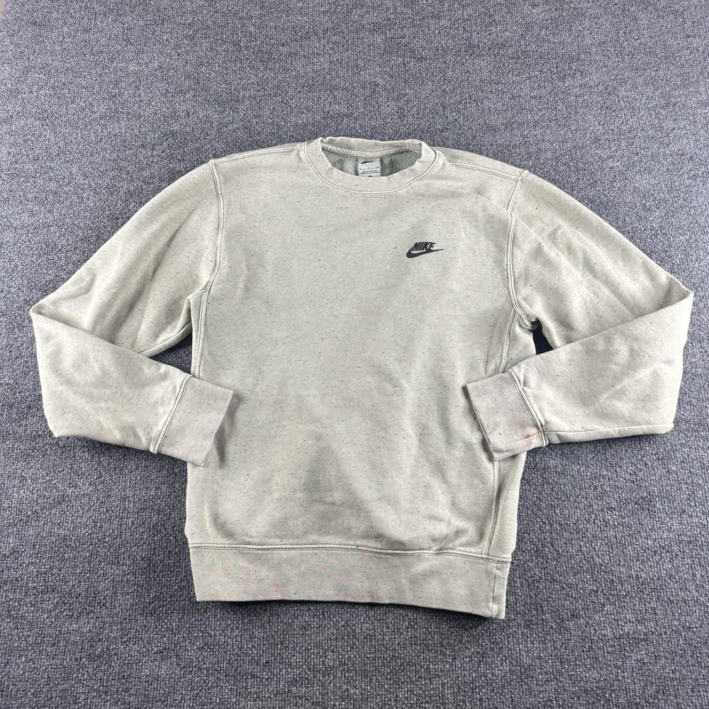 Nike Sweatshirt Mens S Beige Fleece Long Sleeve Crew Neck Pullover Swoosh Logo